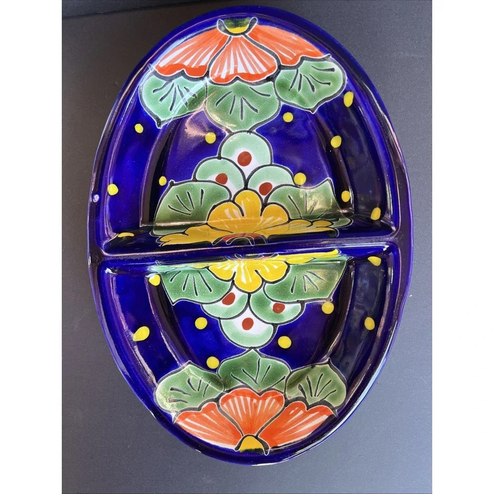 Talavera 2 Section Oval Multipurpose Lead Free Made Mexico Serving Dish Pottery
